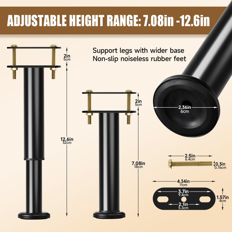 Laowu Set Of 4 Adjustable Bed Legs Replacement  Upgrade Under Bed Support Leg With Wider Base  Heavy Metal Bed Frame Center Support Legs For Platform Bed  Height 7"" To 12.6"" Bed Legs For Adjustable Bed Base - Image 2